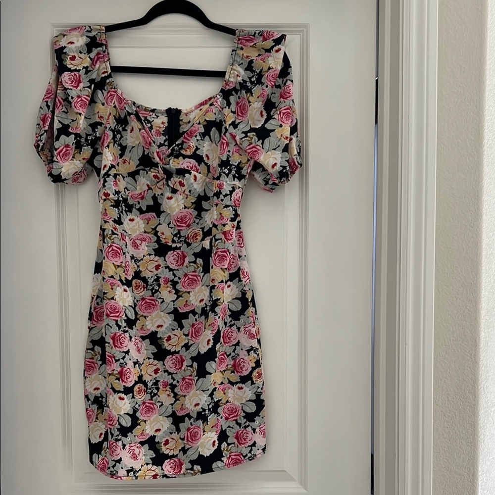 SHEIN Pink and Green Puff Sleeve Mini Dress